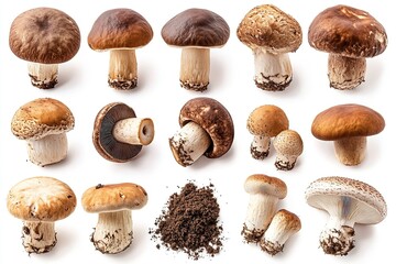 Boletus Edulis mushrooms and fresh porcini in a collection on a white backdrop. Generative Ai
