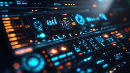 Fototapeta premium Futuristic digital interface displaying data analytics and controls.