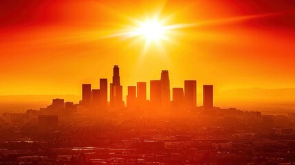 Obraz premium Los Angeles Skyline at Sunset: A Fiery Orange Panorama