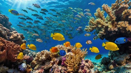 Vibrant Coral Reef with School of Fish