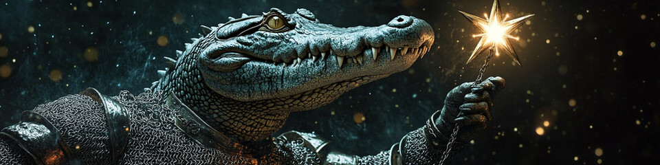 Obraz premium A crocodile in medieval chainmail armor with a morning star