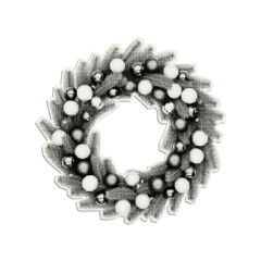 Christmas wreath with balls sticker cut out of paper. Trendy element with halfton effect for a greeting card, collage, cover design.