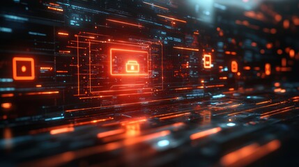 Futuristic digital interface with glowing icons and data streams.