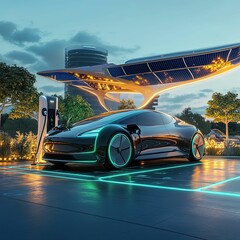 Obraz premium Futuristic electric car charging under solar canopy.
