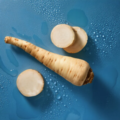 Parsnips floating on blue clear water with glittering droplets