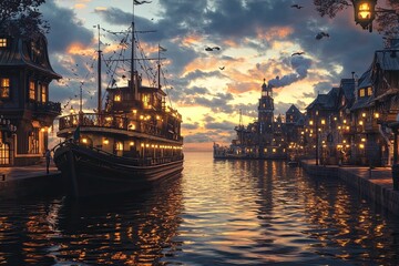 Sunset canal scene, ship, illuminated buildings.