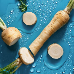 Parsnips floating on blue clear water with glittering droplets