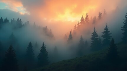 Fototapeta premium The Enchanted Fir Forest: A Misty Landscape with a Vintage Retro Aesthetic, Unveiling Nature’s Mysterious Fog-Filled Beauty