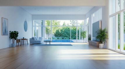 A bright, modern living space with large windows overlooking a pool and greenery.