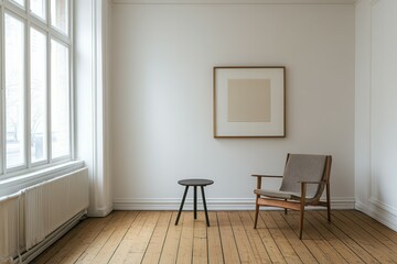 Fototapeta premium Minimalist scandinavian living room with armchair and side table.