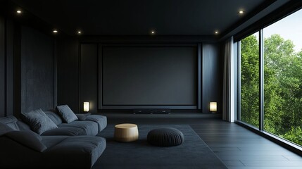 Fototapeta premium Modern living room with large TV, interior design of modern home theater in luxury house, night time, luxury sofa and armchair with coffee table.