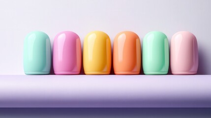 a collection of pastel-colored nail polishes displayed on a sleek shelf