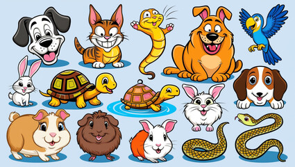 Fototapeta premium Domestic animals/ pets - collection of funny vector clip-arts (dog, cat, turtle, goldfish, rabbit, guinea pig, snake, parrot)