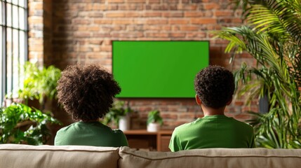 Fototapeta premium Two people are sitting on a couch in front of a green television