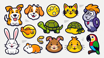 Fototapeta premium Domestic animals/ pets - collection of funny vector clip-arts (dog, cat, turtle, goldfish, rabbit, guinea pig, snake, parrot)