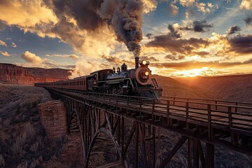 Sunset steam train crossing wooden trestle bridge.