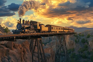 Steam train crossing canyon, sunset sky.