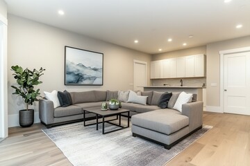 Modern minimalist living room with gray sofa and art on wall.