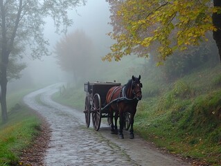 Horse-drawn carriage on foggy, autumn road.