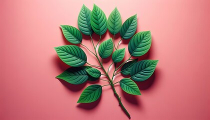 Obraz premium Green Leaves on Pink Background