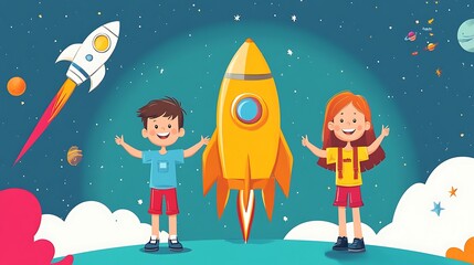 Two children joyfully standing beside a rocket in a colorful space scene.