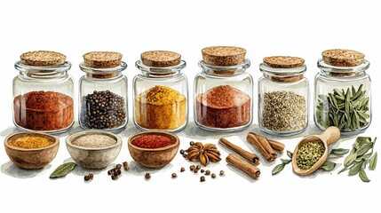 An assortment of spices in jars and bowls
