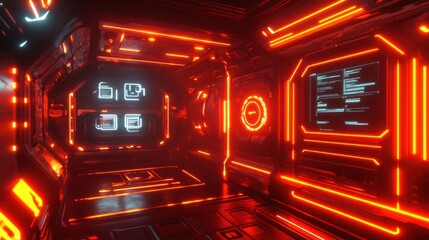 Obraz premium Futuristic Neon Sci-Fi Corridor with Technology Interface