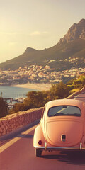 Carro antigo dirigindo por uma estrada costeira c&ecirc;nica.
