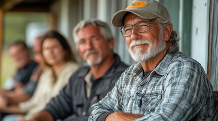 Fototapeta premium Group of diverse individuals enjoying a relaxed moment outdoors, showcasing camaraderie and connection in a picturesque rural setting with warm smiles and shared experiences.