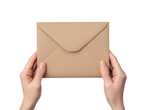 Hands holding a brown envelope cut out transparent isolated PNG
