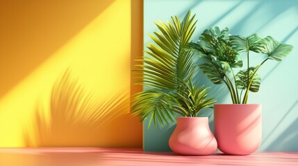 Obraz premium Modern interior with potted tropical plants against colorful walls
