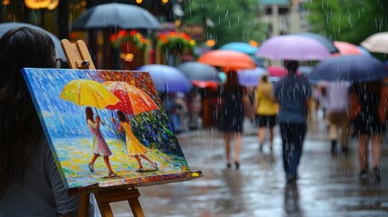 Rainy day painting, umbrellas, street scene.