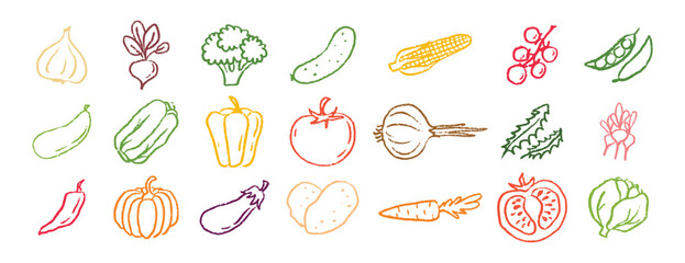 Vegetables icons chalk hand drawn doodle set. Drawing crayon vegetables 