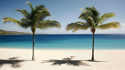 Idyllic tropical beach scene with two palm trees casting shadows on pristine white sand, clear turquoise water, and a distant mountain range.  Perfect for travel, vacation, or relaxation themes.