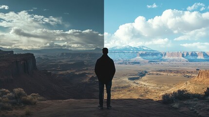 Man silhouette before & after photo editing, showcasing dramatic landscape view.