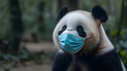Panda wearing a face mask in a forest setting.