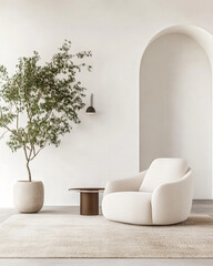 Minimalist, japandi style home geometric interior design of modern living room. White recliner armchair against arched stucco wall.