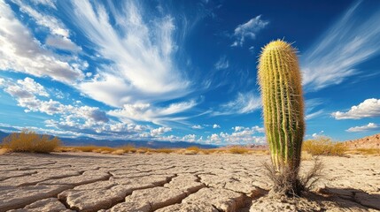 A solitary cactus in a dry sandstone expanse, illuminated by bright sunlight and framed by fluffy clouds in a vibrant blue sky