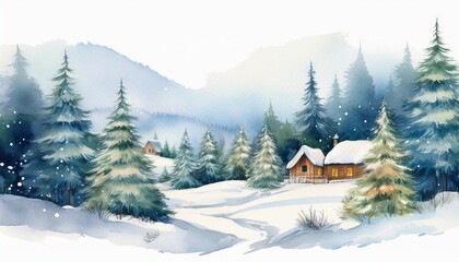 winter landscape with village cabin and fir trees in snow in watercolor style holiday digital watercolor illustration for design on christmas and new year card poster or banner