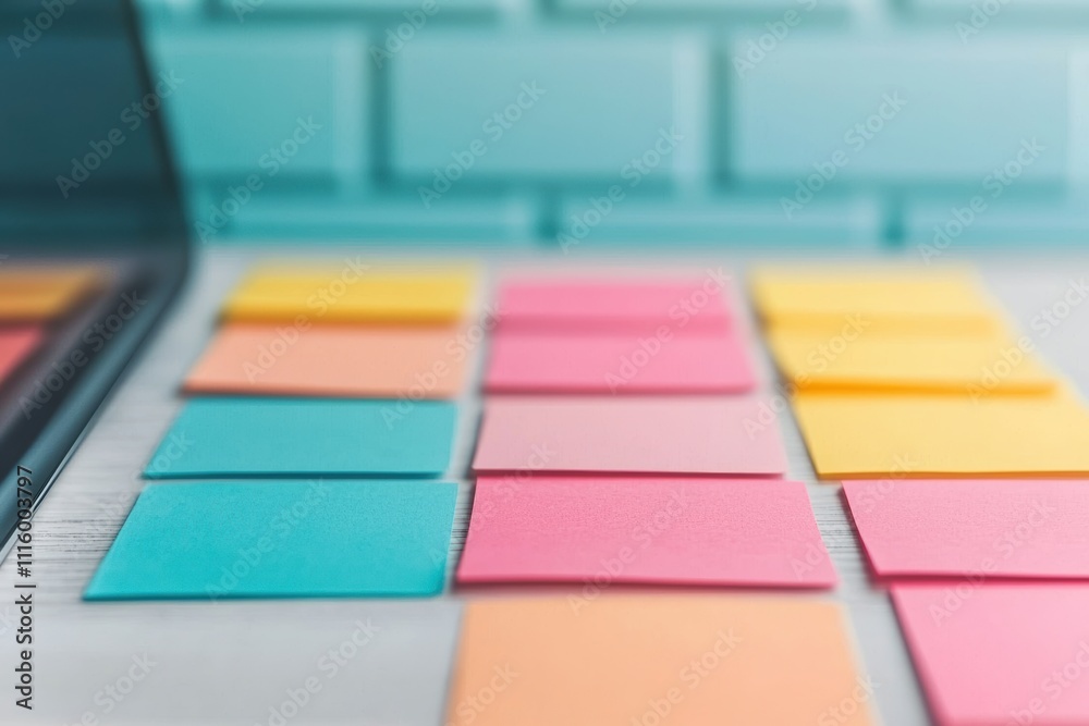 Poster laptop and colorful sticky notes on white table for brainstorming