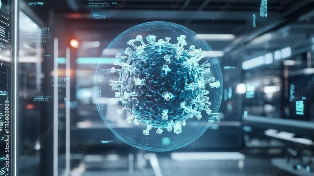 Poster 3d visualization of a virus in a futuristic lab setting with digital interfaces