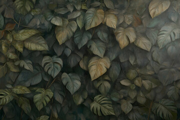 Fototapeta premium Lush, dark green tropical leaves create a moody, textured background. Ideal for design projects needing a botanical, nature-inspired aesthetic.