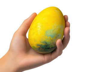 Hands holding an Easter egg with an inspirational message on pure flat white background. PNG transparent.