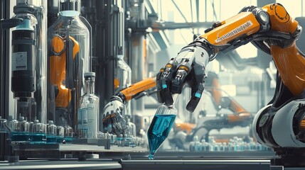 A high-tech medical production line with robotic arms and precision tools is meticulously crafting vials of a bubbling solution.