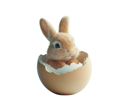 Easter bunny sitting in a cracked egg like a cradle on pure flat white background. PNG transparent.
