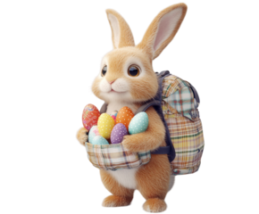 Easter bunny carrying a backpack full of colorful eggs on pure flat white background. PNG transparent.