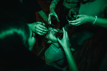 A vibrant birthday party scene with friends sharing drinks in a lively atmosphere, creating joyful...
