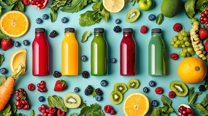 Flat lay of colorful juice bottles with fresh fruits and vegetables