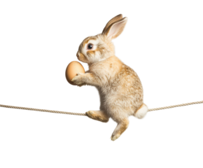 Easter bunny balancing on a tightrope holding an egg on pure flat white background. PNG transparent.