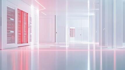3D render of a white, modern data center with red and blue lights. The white room is filled with server cabinets in the background. 